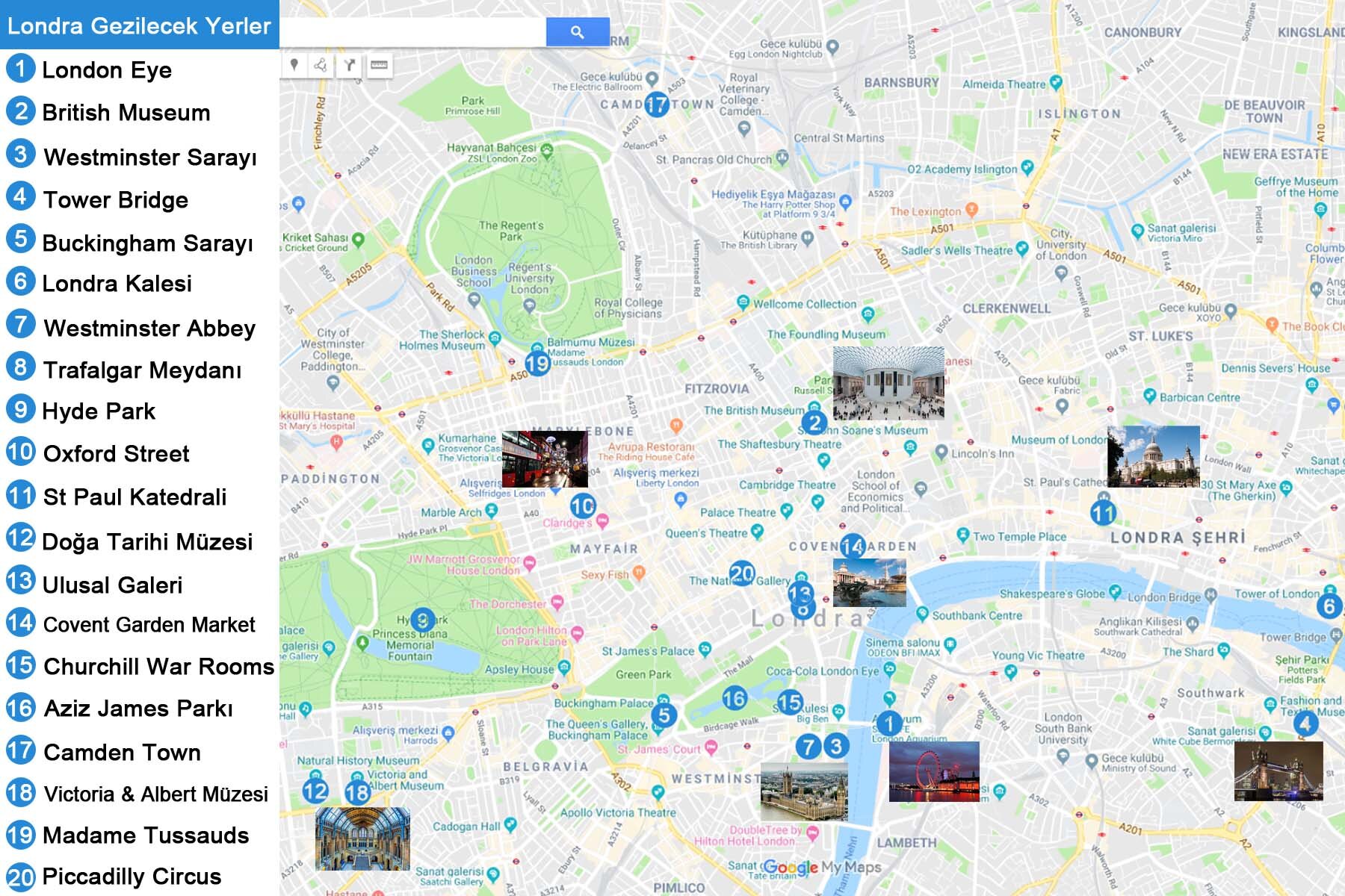 Londra Gezilecek Yerler Haritası